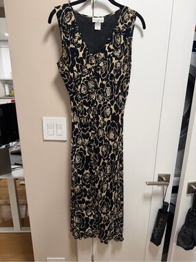 Paradise Sleeveless Black & Beige Floral Midi Dress
